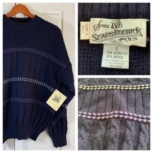 Vintage Sears Roebuck Italian Crew‎ Neck Cable Knit Wool Blend Sweater - L